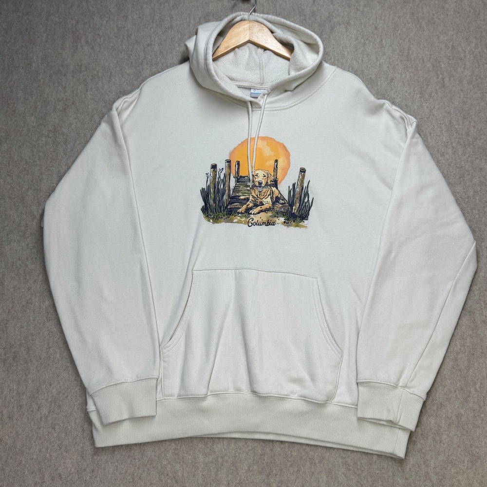 Dog Graphic Columbia Hoodie Mens XXL Cream Gorpcore Outdoorsy Cabincore Nature